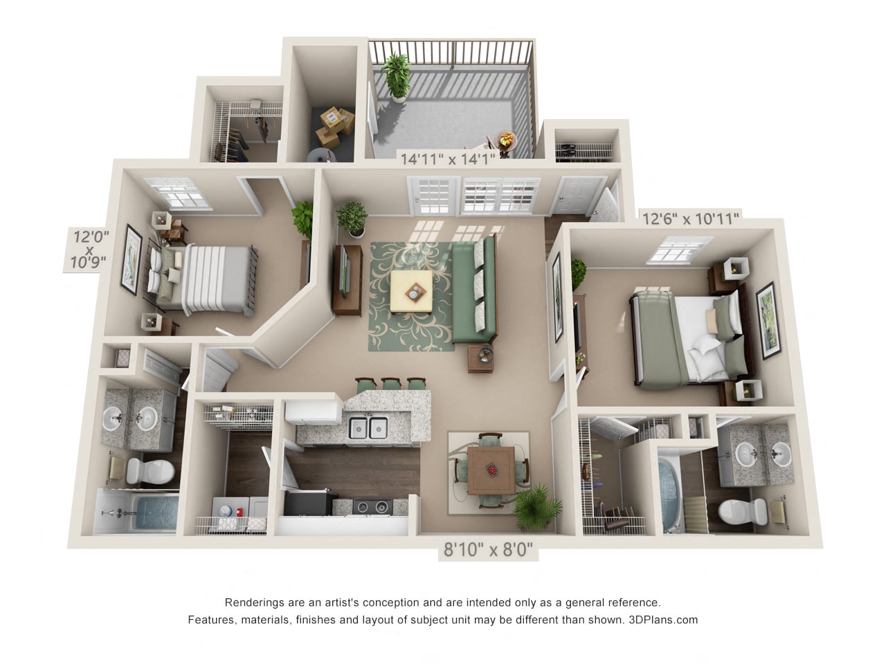 Floor plan for 2 beds, 2 baths, 1138 sqft